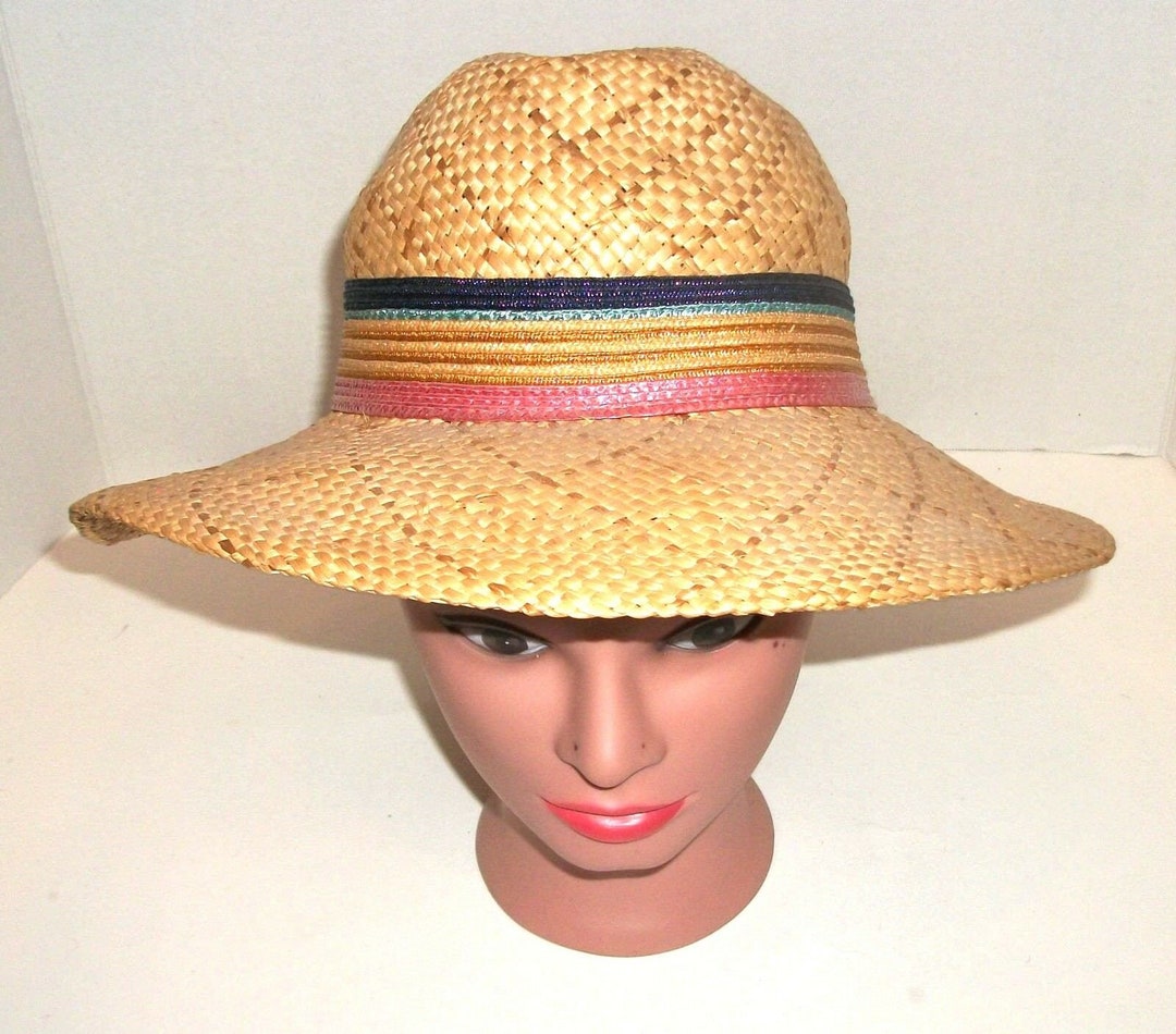 Vintage Tan Straw Beach Hat With Multi Colored Band Etsy