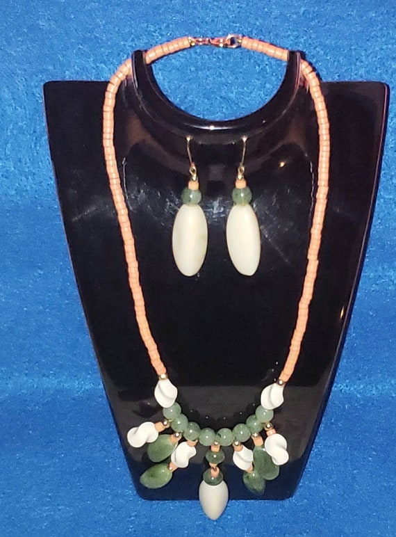 Vintage Green White Tan Beaded Dangle Necklace and