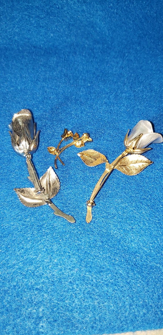 Vintage Trio Gold and Silver Rose Brooches Pins - image 3