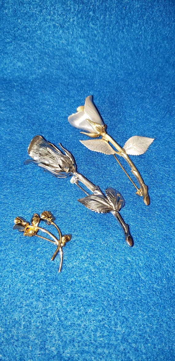 Vintage Trio Gold and Silver Rose Brooches Pins - image 1