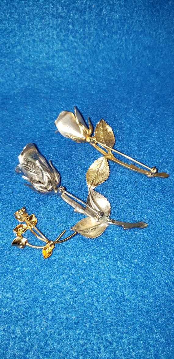 Vintage Trio Gold and Silver Rose Brooches Pins - image 2