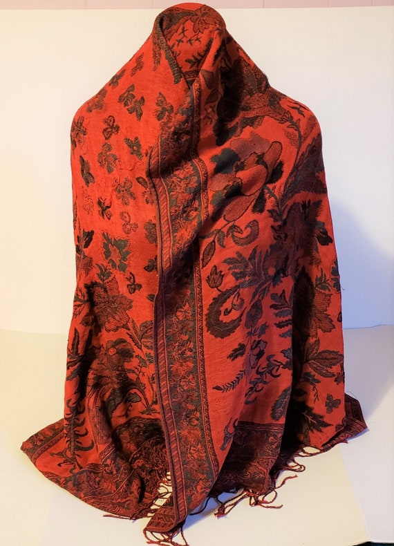 Vintage Red and Black Leaf Pattern Fringed Scarf … - image 1