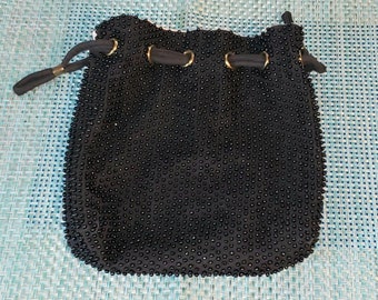 Vintage 1980's Reversible Beaded Drawstring Reticule Bag Black White