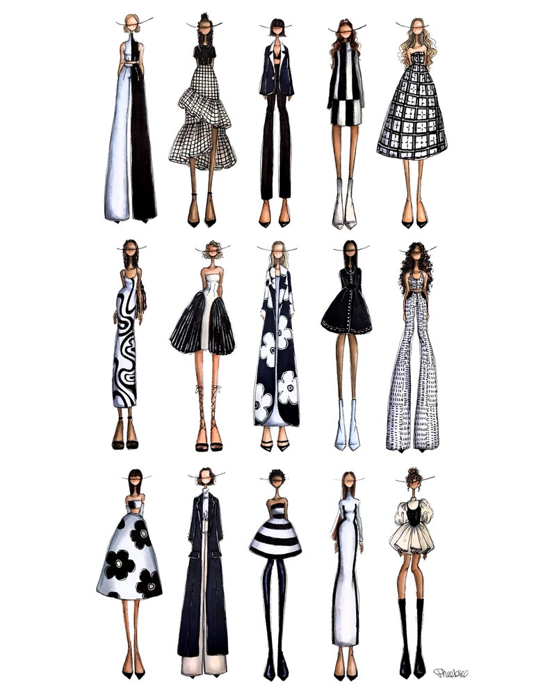 Pode incluir: Uma ilustra&ccedil;&atilde;o digital de 18 esbo&ccedil;os de moda com mulheres vestindo roupas em preto e branco. Os esbo&ccedil;os s&atilde;o de v&aacute;rios estilos, incluindo vestidos, macac&otilde;es e saias. As mulheres s&atilde;o todas representadas com cabelos longos e fluidos e acess&oacute;rios elegantes.