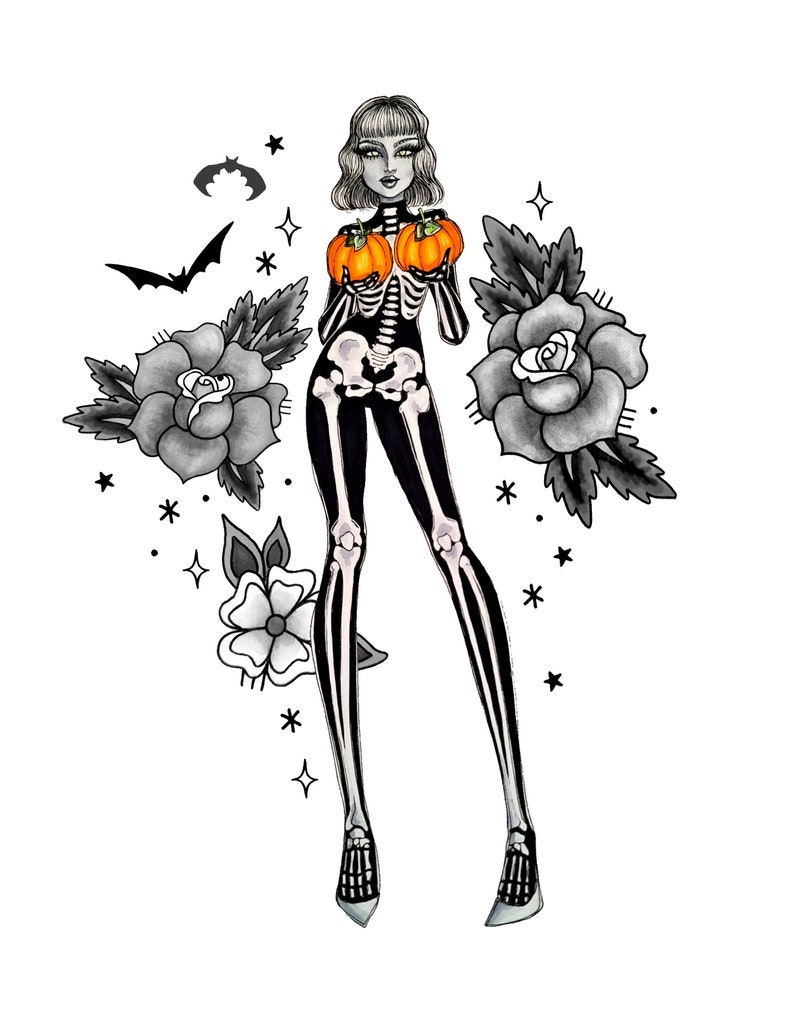 Halloween Pin Ups Fashion Illustration, Skeleton Etsy