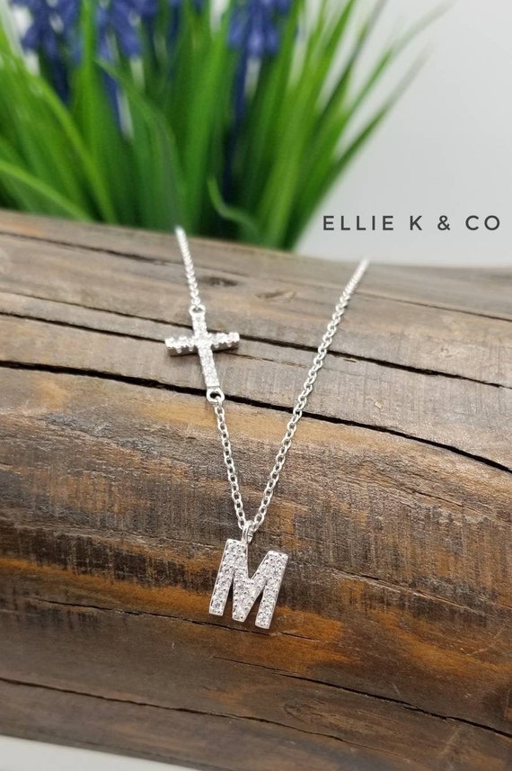 Initial Necklace Sideways Cross Necklace Initial M Necklace Etsy