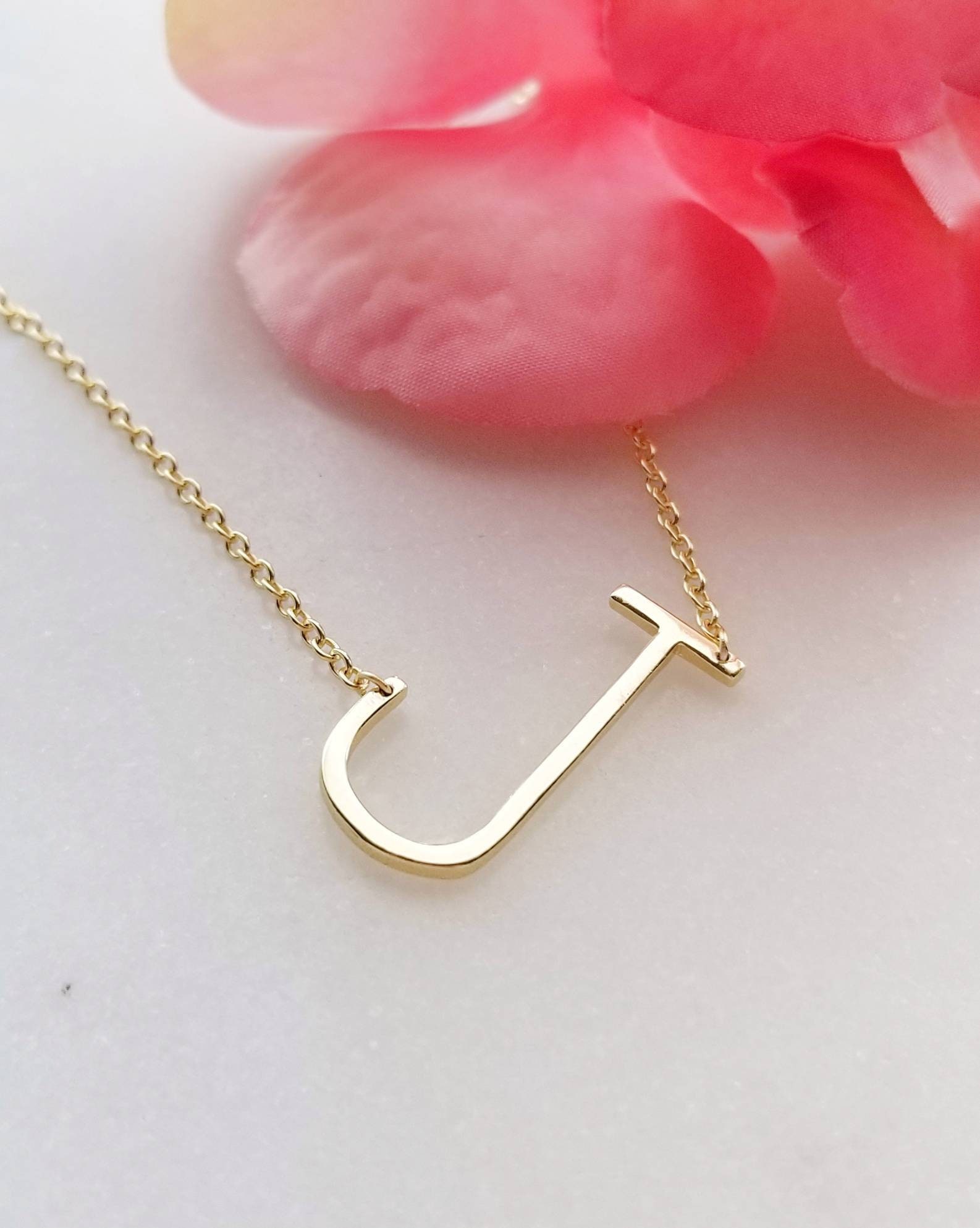 Sideways Initial Necklace Letter Necklace Initial J Etsy