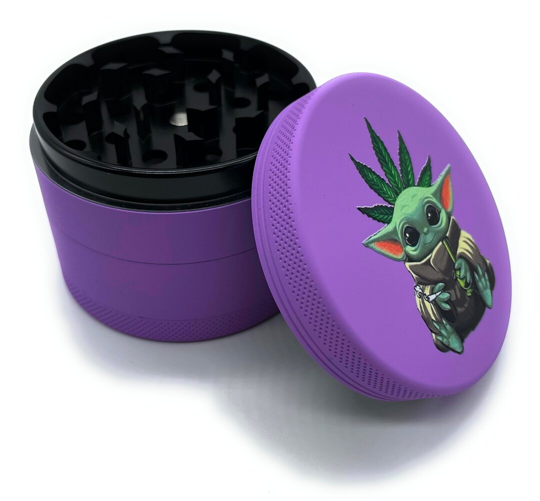Purple Baby Yoda 4 Piece 2.5 Inch Large Herb Grinder / Cute Embossed