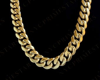 18K Gold PVD Miami Cuban Link Chain Necklace, Heavy Cuban Curb Chain, Waterproof Stainless Steel, Box Clasp, Unisex Jewelry, 8mm–16mm