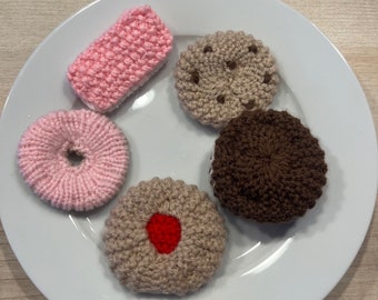 Knitting Pattern for selection of biscuits and cookies. Knitted food, play/toy food