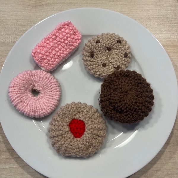 Knitting Pattern for selection of biscuits and cookies. Knitted food, play/toy food