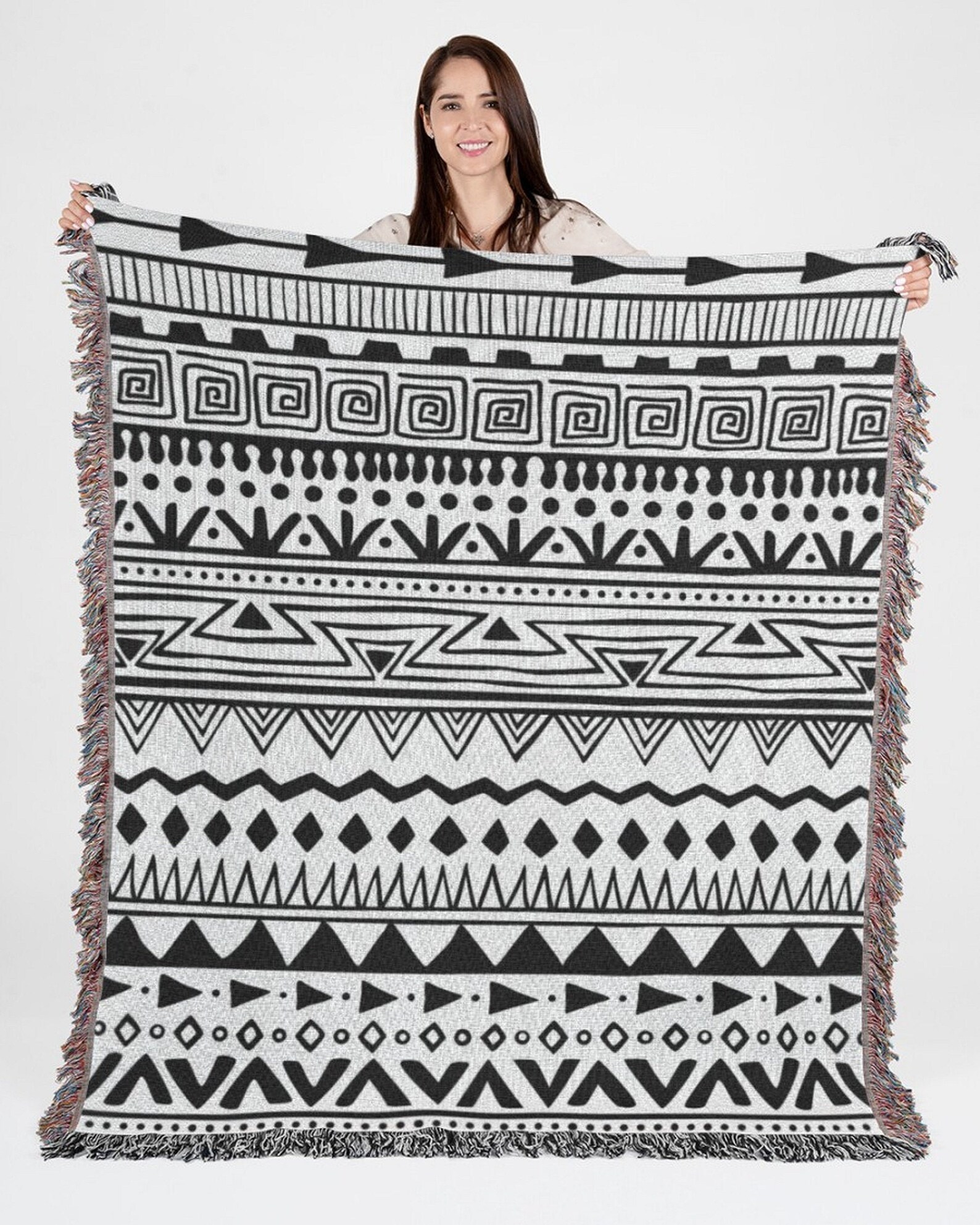 Boho Woven Throw Blanket Black And White Abstract Ornament Etsy