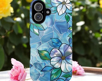 Custodia rigida per telefono con motivo floreale in vetro colorato e fiori blu per iPhone 7 8 Plus 11 12 13 14 15 16 Pro Mini Max, X, XR, XS SE, estetica carina
