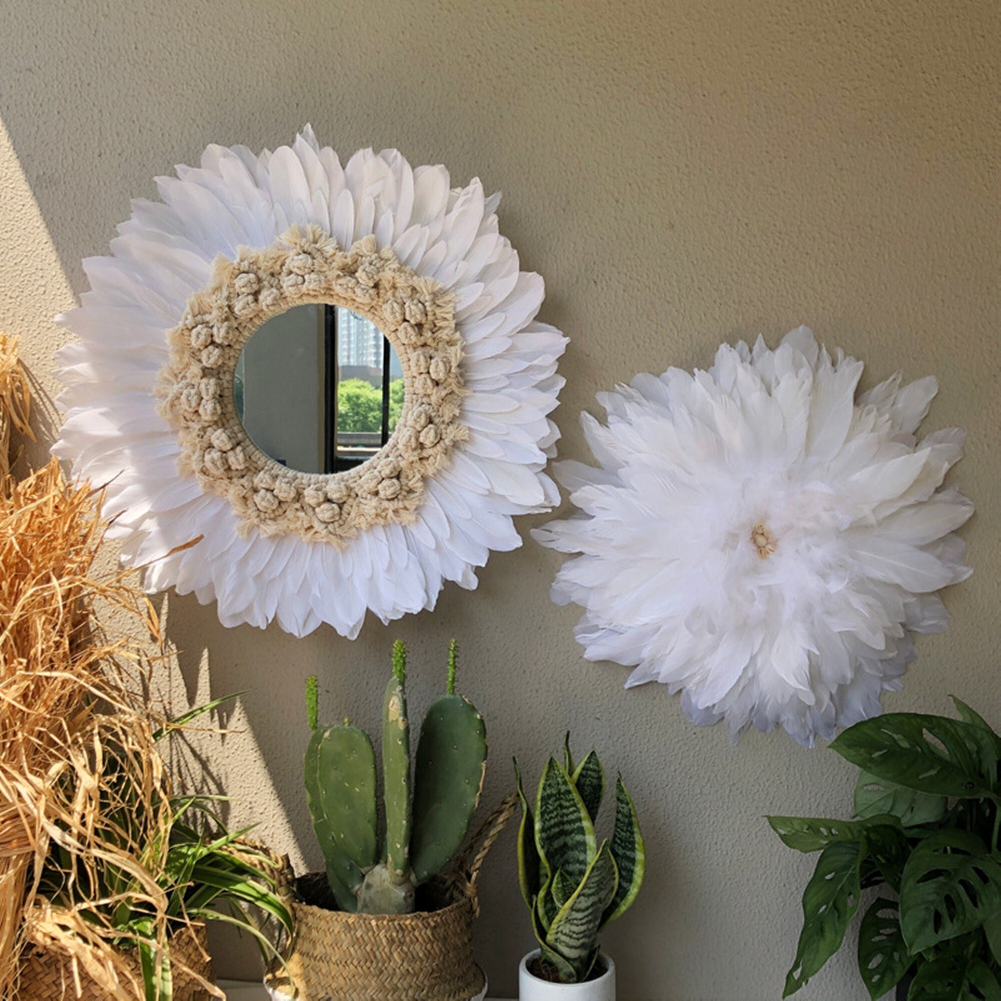 Entrance woven / feather mirror wall decoration / handmade Etsy