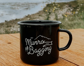 Black Munro Bagging Enamel Mug, Handmade in Europe, Dishwasher Safe, Adventure Mug, Campfire Mug, Outdoors Mug, Gift for Best friend