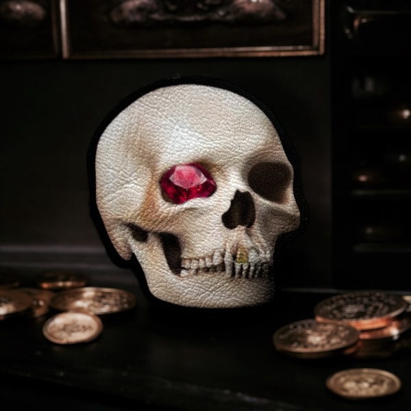 Brooch / Pin's. Pirate treasure. Skull and ruby, diamond