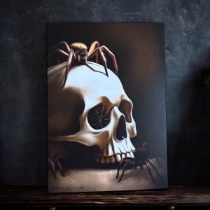 Les araignées. Print A4 et A6, carte postale. Illustration crâne et toile d’araignée. Dark academia