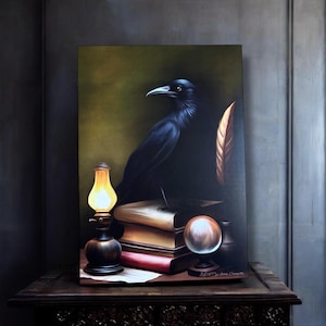 Le manuscrit du Corbeau. Print A4 et A6, carte postale. Illustration corbeau, oiseau noir et livres. Dark academia