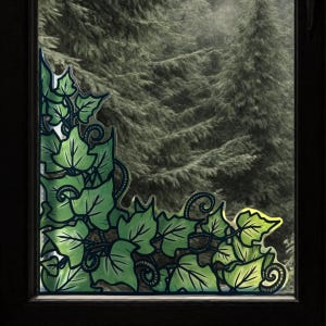 Repositionable sticker. Transparent vinyl window stickers, stained glass effect. Ivy, corners. Pre-order