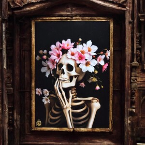 Des fleurs pour la Lady. Print A4 et A6, carte postale. Illustration squelette, fleurs. Dark academia