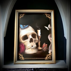 Vanité. Print A4 et A6, carte postale. Dessin peinture crâne papillons temps gothique nature morte