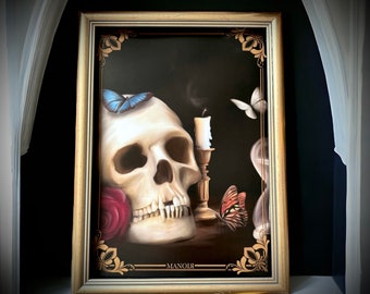 Vanity. Print A4 and A6, postcard. Drawing painting skull butterflies gothic time still life