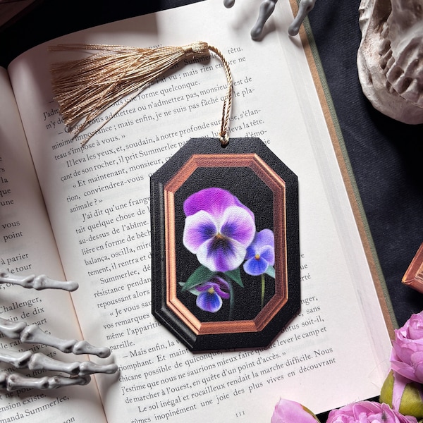 Thoughts. Bookmark, decoration, illustration of purple flowers in golden frame, spring summer. Faux leather fabric