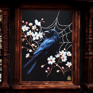 Un Printemps à t'attendre. Print A4 et A6, carte postale. Illustration corbeau, fleurs de cerisiers. Dark academia
