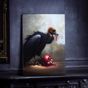Vautour à la grenadine. Print A4 et A6, carte postale. Illustration oiseau vautour, fruits rouges. Dark academia
