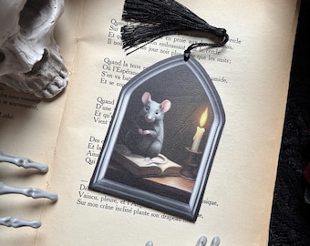 Marcador. Ratón de biblioteca. Marcapáginas de tela de piel sintética, ratón con su libro y vela