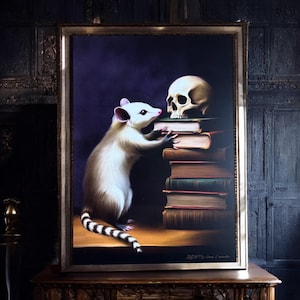 Un opossum aux Archives. Print A4 et A6, carte postale. Illustration opossum, livres et crâne. Dark academia