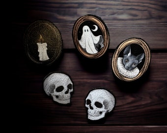 Pins. Victorian Night. Collar jewelry, gothic jewelry, ghost jewelry, skull, Victorian cat, candle, dark, ear stud