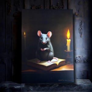 Le rat de bibliothèque. Print A4 et A6, carte postale. Illustration peinture souris, livre et bougie. Dark academia
