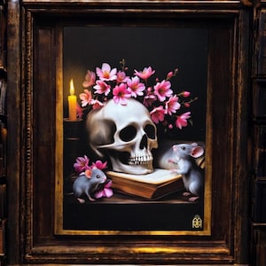 Entretien avec la Mort. Print A4 et A6, carte postale. Illustration crâne, fleurs et souris. Dark academia