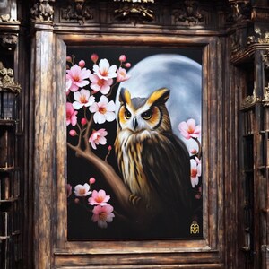 Une nuit sous les cerisiers. Print A6, carte postale. Illustration hibou, fleurs de printemps. Dark academia