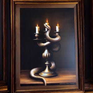 Le candélabre aux serpents. Print A4 et A6, carte postale. Illustration serpent, chandelles, bougies. Dark academia