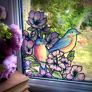 Repositionable sticker. Birds and Flowers. Transparent vinyl window stickers, stained glass effect.