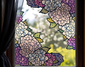 Adesivo per finestra con ortensie dai colori pastello effetto vetrata, decorazione floreale romantica, decalcomania floreale per finestre. Adesivi per finestre in vinile trasparente.