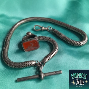 May include: A silver-toned metal watch chain featuring a flat, textured snake-link design, a T-bar toggle, and a swivel clasp. A ring with a rectangular, orange-red carnelian stone inlay featuring an engraved sailboat motif is positioned inside the chain.