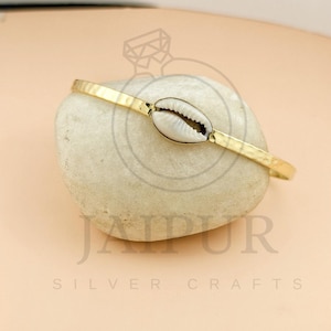 Cowrie Shell Brass Bangle: Adjustable Hammered Cuff