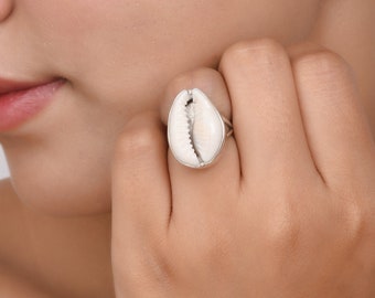 925 Solid Sterling Silver Ring, Natural Cowrie Shell Silver Ring, Cowry Shell Solid Silver Ring, Woman Ring, Kaudi Ring, All US Sizes