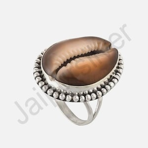 Natural Brown Cowrie Shell Ring, 925 Solid Sterling Silver Ring, Handmade Silver Cowry Shell Ring, Cowrie Shell Jewelry, Woman & Girls Ring
