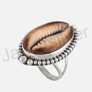 Handmade Natural Cowrie Shell Silver Ring, 925 Solid Sterling Silver Ring, Woman & Girls Cowry Shell Silver Ring, Kaudi Silver Ring