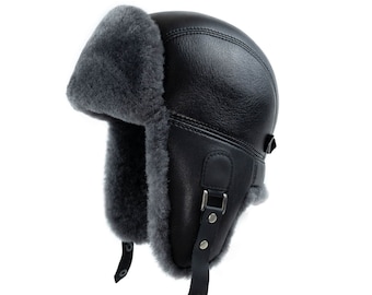 Men's Shearling Sheepskin Leather Aviator Russian Ushanka Trapper Winter Fur Hat Grey - Handmade Leather Hat