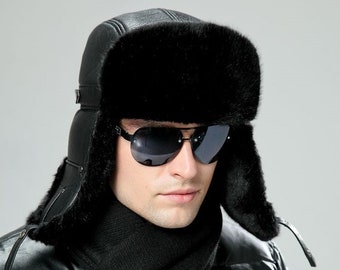 Men's Sheepskin Leather Bomber Hat Winter Trapper Ushanka Aviator Russian Hats