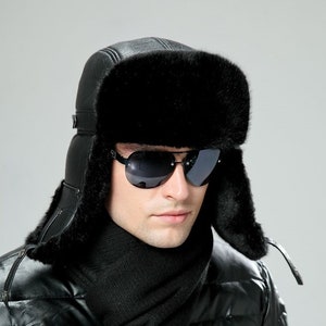 Men's Sheepskin Leather Bomber Hat Winter Trapper Ushanka Aviator Russian Hats image 1