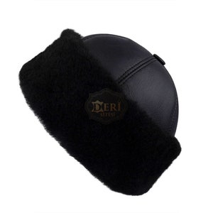 Bonnet d'hiver en fourrure chaude noir en cuir véritable, chapeau en cuir véritable, chapeau d'hiver unisexe en peau de mouton, casquette en cuir faite main XS-S-M-L-XL-2XL image 1