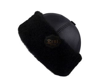 Gorra de piel cálida de invierno negro de cuero genuino, sombrero de cuero genuino, sombrero de piel de oveja de invierno unisex, gorra de cuero hecha a mano - XS- S - M - L - XL - 2XL