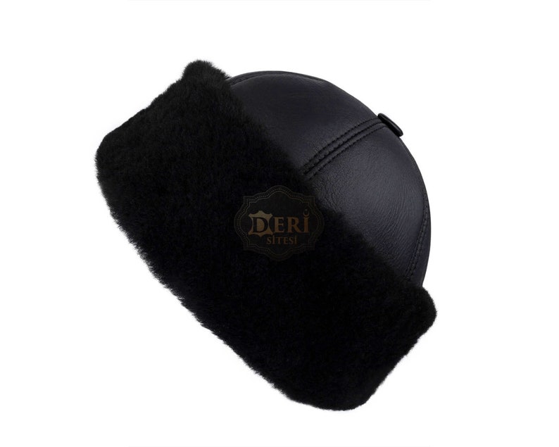 Bonnet d'hiver en fourrure chaude noir en cuir véritable, chapeau en cuir véritable, chapeau d'hiver unisexe en peau de mouton, casquette en cuir faite main XS-S-M-L-XL-2XL image 1