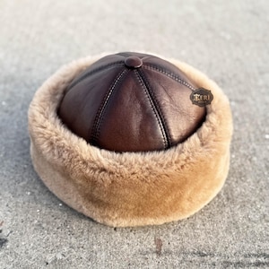 Brown Leather Fur Hat - Unisex 100% Sheepskin Shearling Winter Fur Beanie Hat - Handcrafted Leather Hat - Winter Unique Gift Ideas